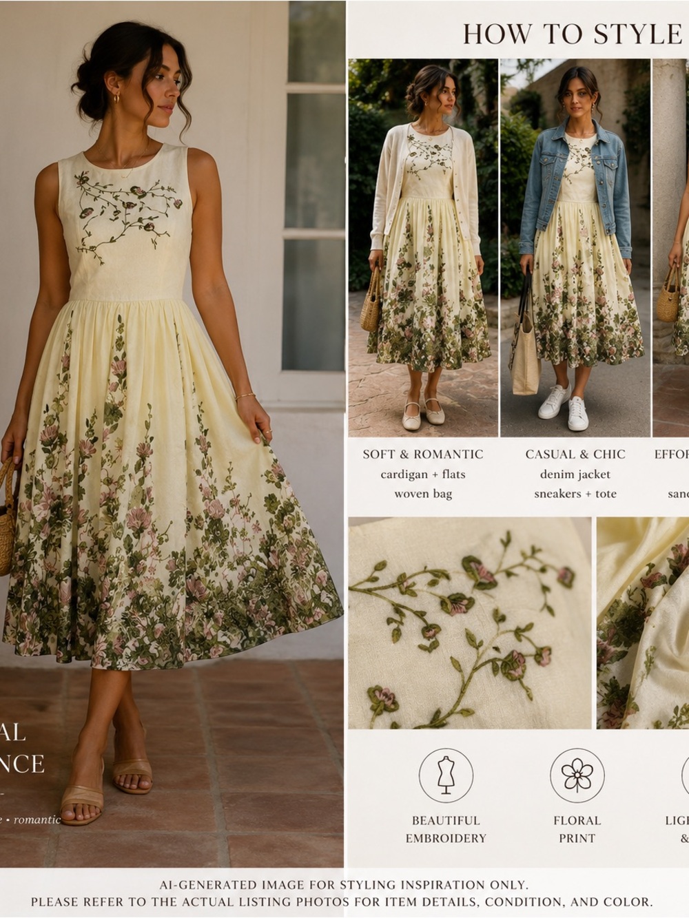 Fairycore Cottagecore Embroidered Floral Midi Dress Romantic A-Line Large